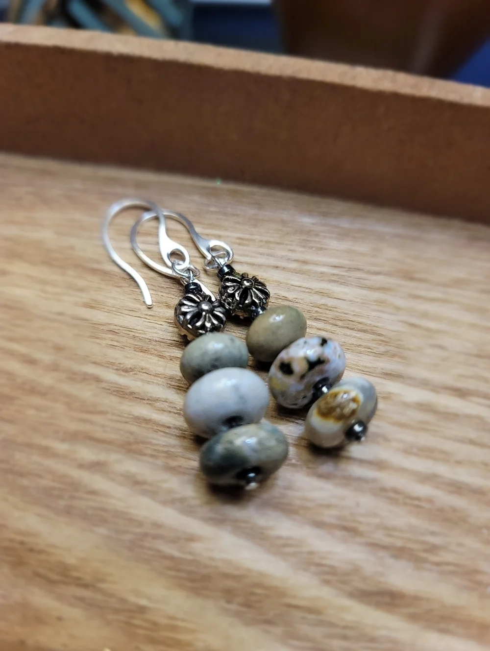 Handmade Opal Dangle Earrings Silver Tone Boho Earthy Beaded Drop